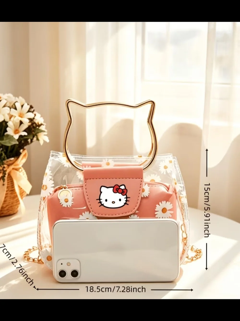Hello Kitty Clear Daisy Mini Bag with Black Pouch and Gold Handle